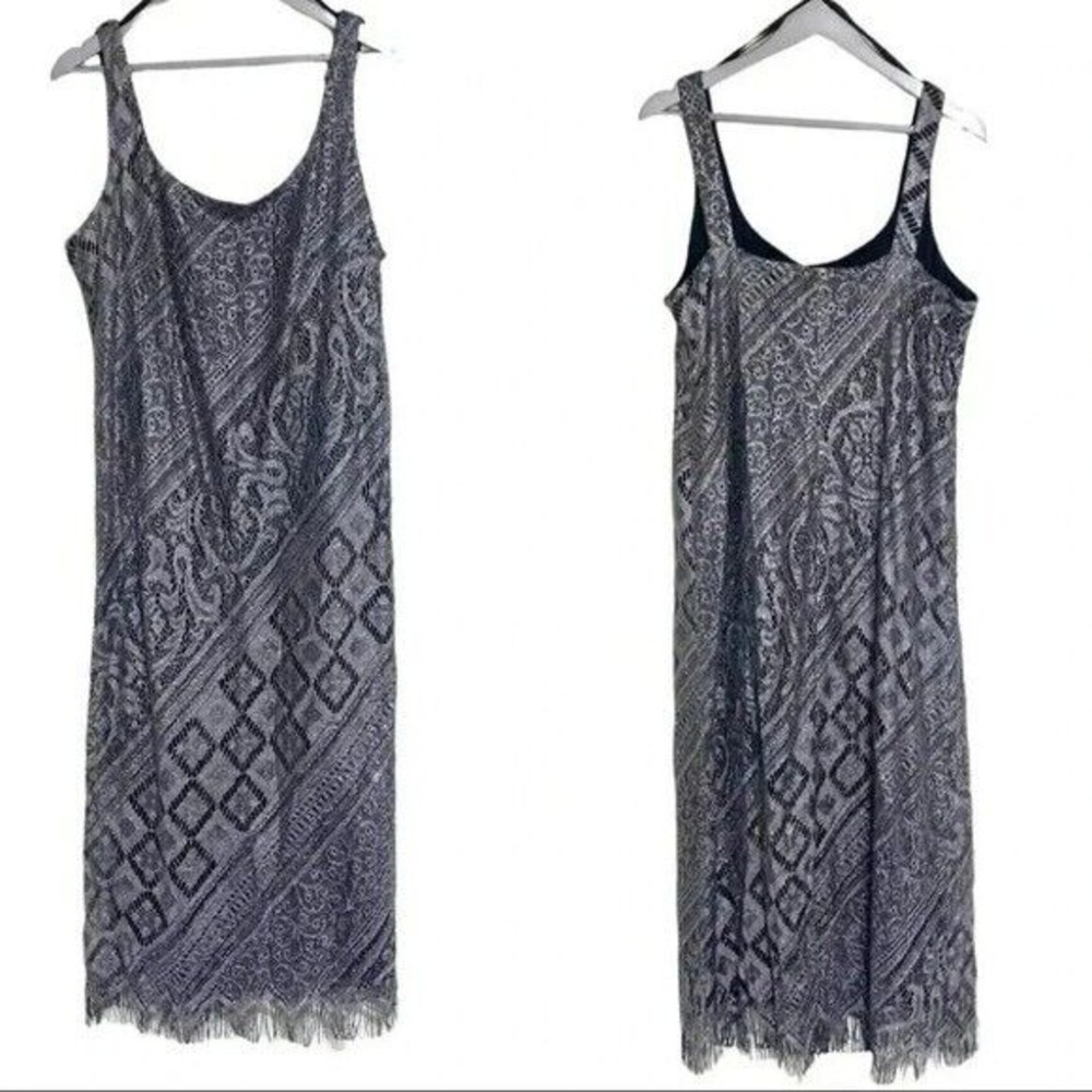 S.L. Fashions Midi Dress 18 Black Silver Metallic Fringe Geometric Paisley Print